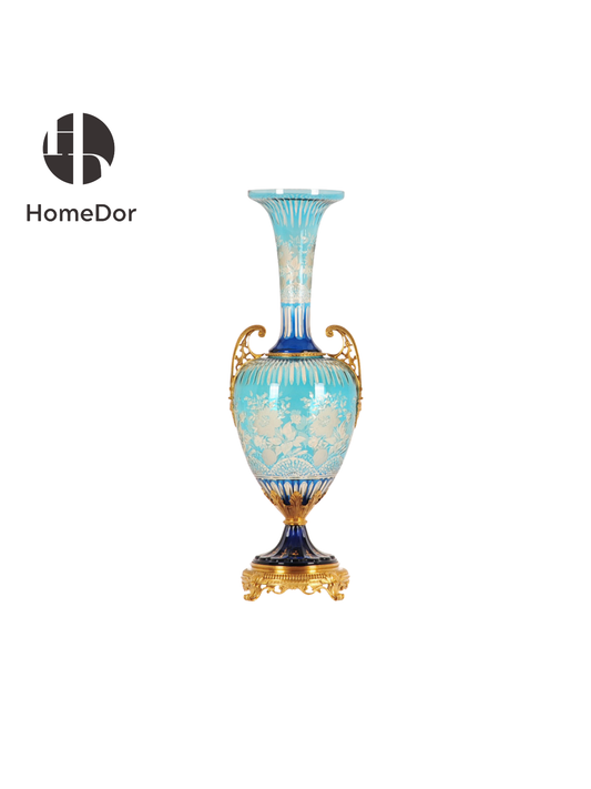 Handcrafted HomeDor Aurora Glass Light Blue Etched Floral Vase for luxury mansion style foyer decor