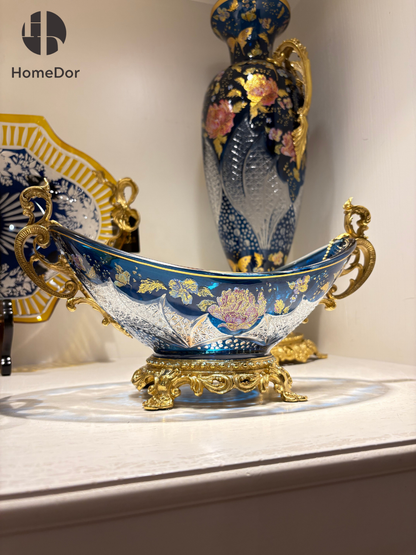 HomeDor Aurora Glass Midnight Garden Ensemble Centerpiece Bowl A garden illuminated by moonlight and gold.
