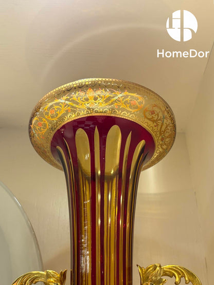 HomeDor Aurora Glass Ruby Etched Compote & Vase