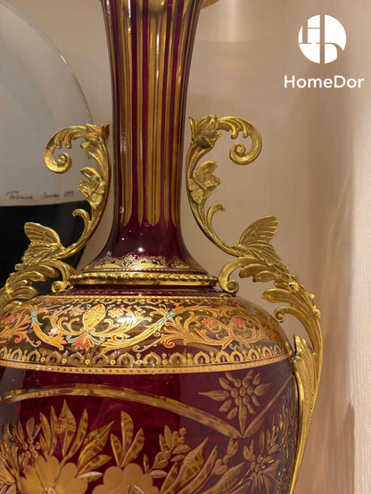 HomeDor Aurora Glass Ruby Etched Compote & Vase