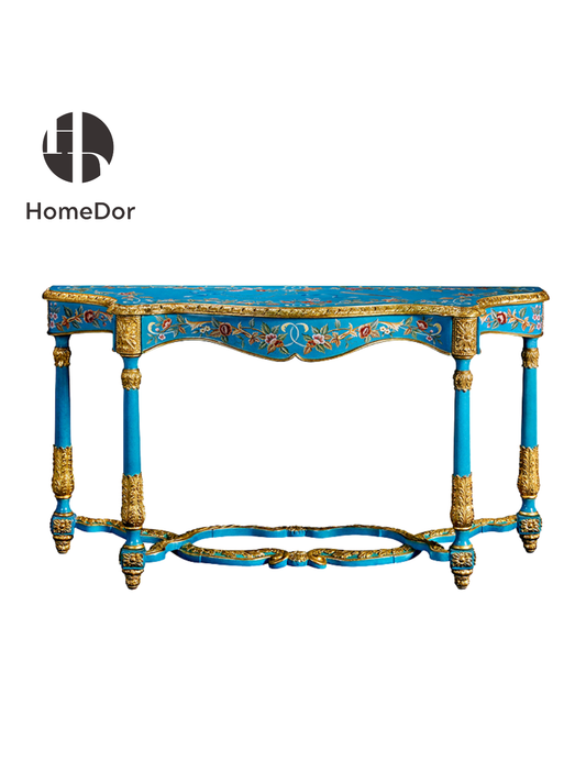 HomeDor Blue Symphony Floral Gilded Accent Console Table