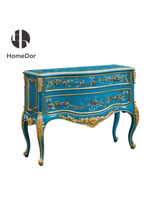 HomeDor Blue Symphony Floral Hand-Painted Gilded Console Cabinet