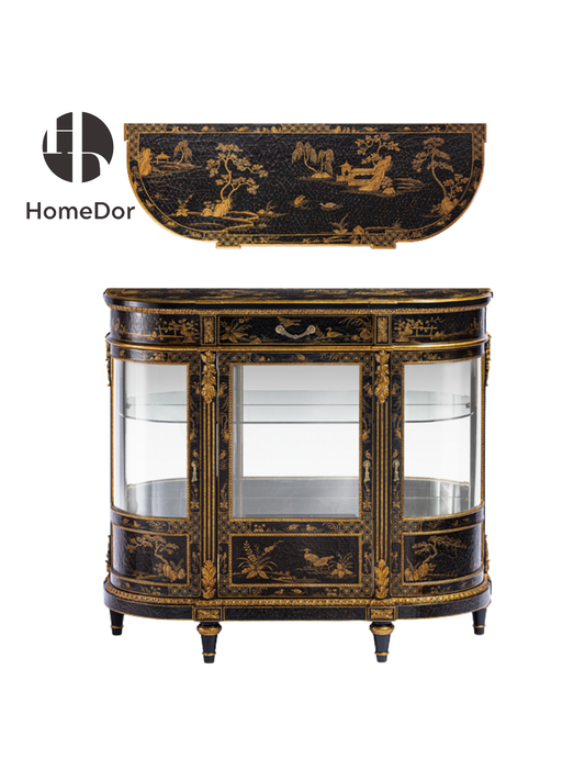 HomeDor Chinoiserie Black & Gilded Crackle Texture Landscape Display Cabinet