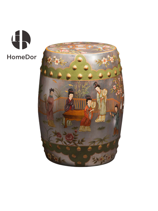 HomeDor Chinoiserie Black & Silver Courtly Ladies Scene Porcelain Stools