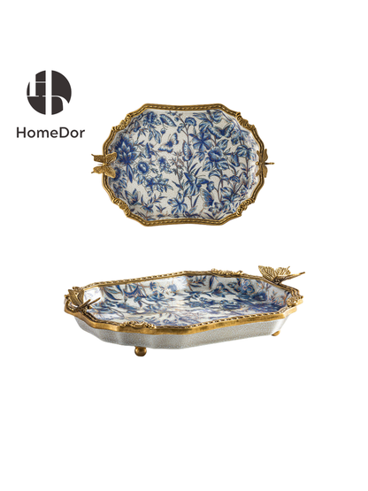 HomeDor Chinoiserie - Juego de decoración dorado con mariposas azules y blancas