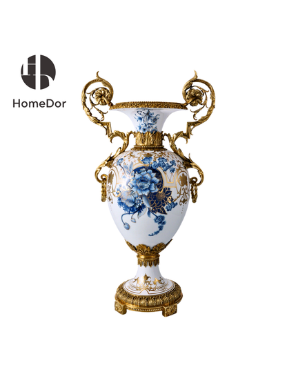 HomeDor Chinoiserie Conjunto de decoración dorado con peonías azules y blancas I