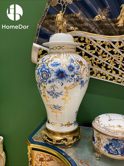 طقم ديكور هوم دور الصيني المذهب باللونين الأزرق والأبيض بزهرة الفاوانيا II