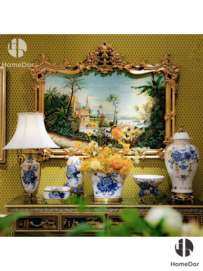 طقم ديكور هوم دور الصيني المذهب باللونين الأزرق والأبيض بزهرة الفاوانيا II
