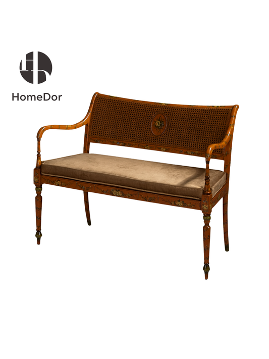 HomeDor Chinoiserie Floral Rattan-Back Wood Loveseat