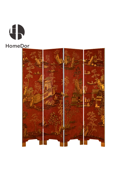 HomeDor Chinoiserie Luxe Red Lacquer Gilded Landscape Room Divider