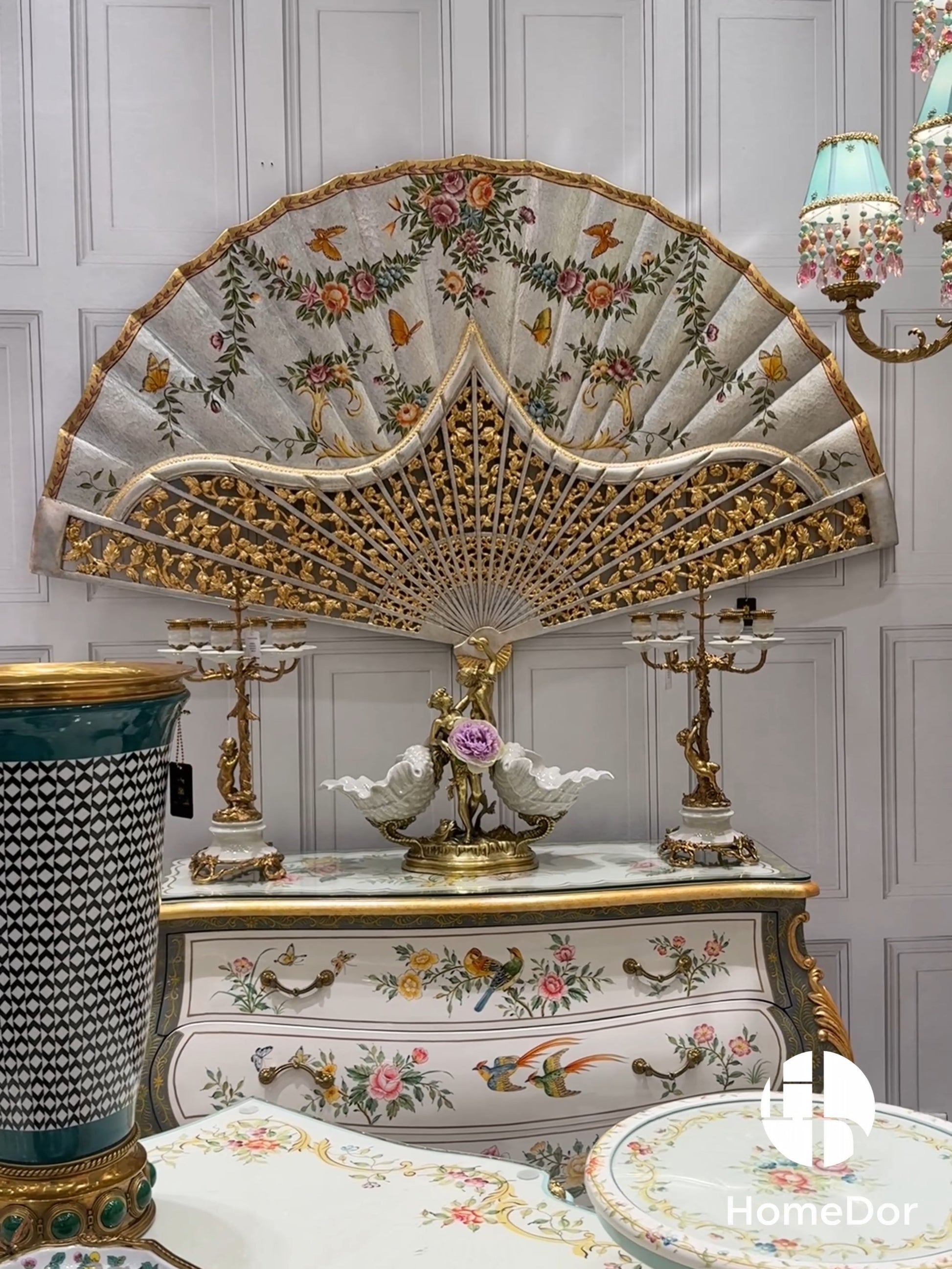 Chinoiserie Luxury Silver Foil Floral Fan Wall Art