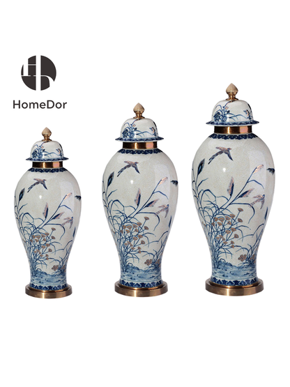 HomeDor Classic Blue and White Reed & Bird Porcelain Ginger Jar Set