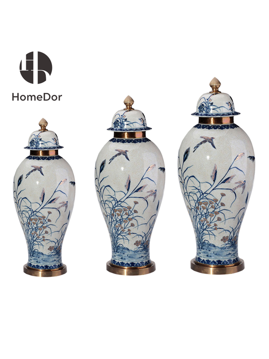 HomeDor Classic Blue and White Reed & Bird Porcelain Ginger Jar Set