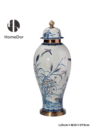 HomeDor Classic Blue and White Reed & Bird Porcelain Ginger Jar Set