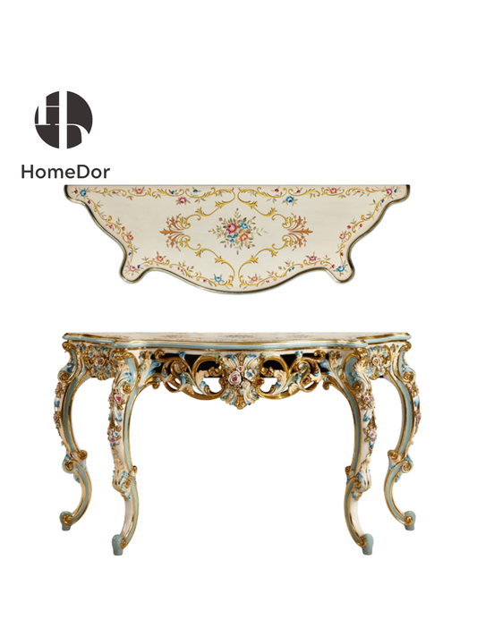 HomeDor Classic Rococo Elegance Ivory Floral Hand-Painted Carved Console Table