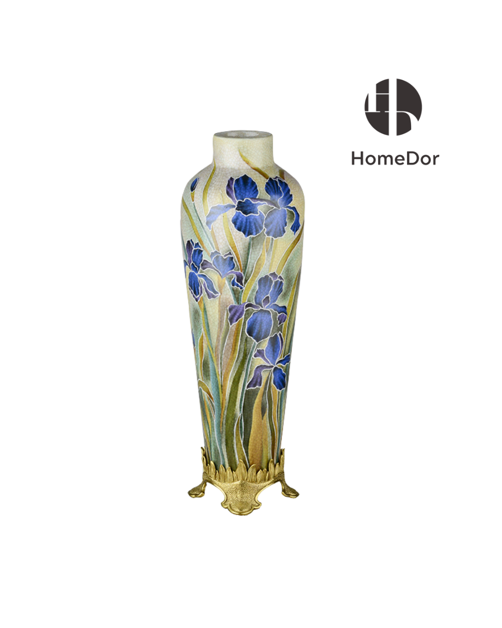 HomeDor Classical Aesthetic Hand-Painted Floral Ceramic Vase with Brass Base