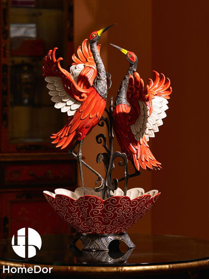 HomeDor Dancing Crane Pair on Cloud Motif Base Centerpiece