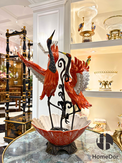 HomeDor Dancing Crane Pair on Cloud Motif Base Centerpiece