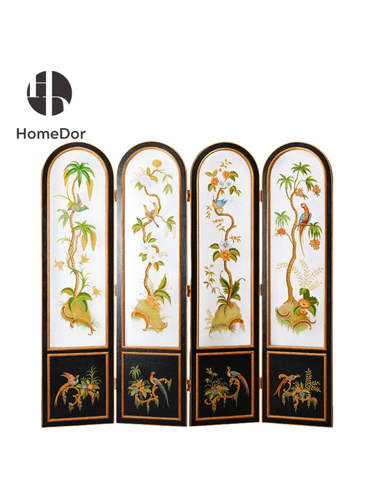 HomeDor Elegant Arched Top Hand-Painted Bird & Floral Room Divider
