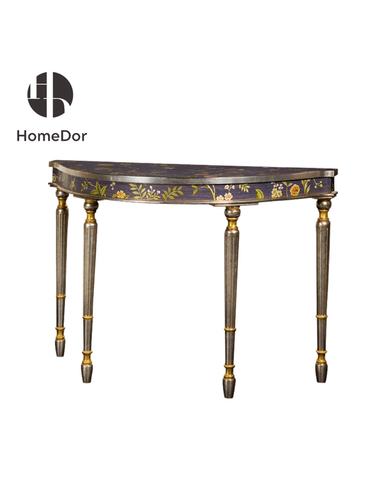HomeDor Elegant Chinoiserie Deep Violet Floral Motif Demilune Console Table