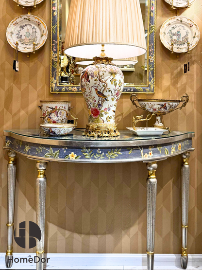 HomeDor Elegant Chinoiserie Deep Violet Floral Motif Demilune Console Table