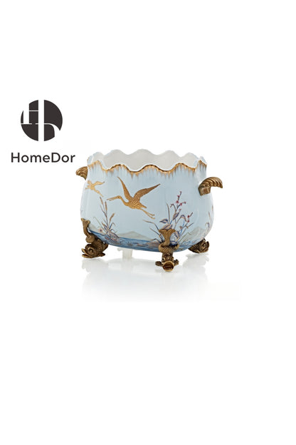 HomeDor Elegant European Porcelain Table Decor Set with Gold-painted Crane Motifs
