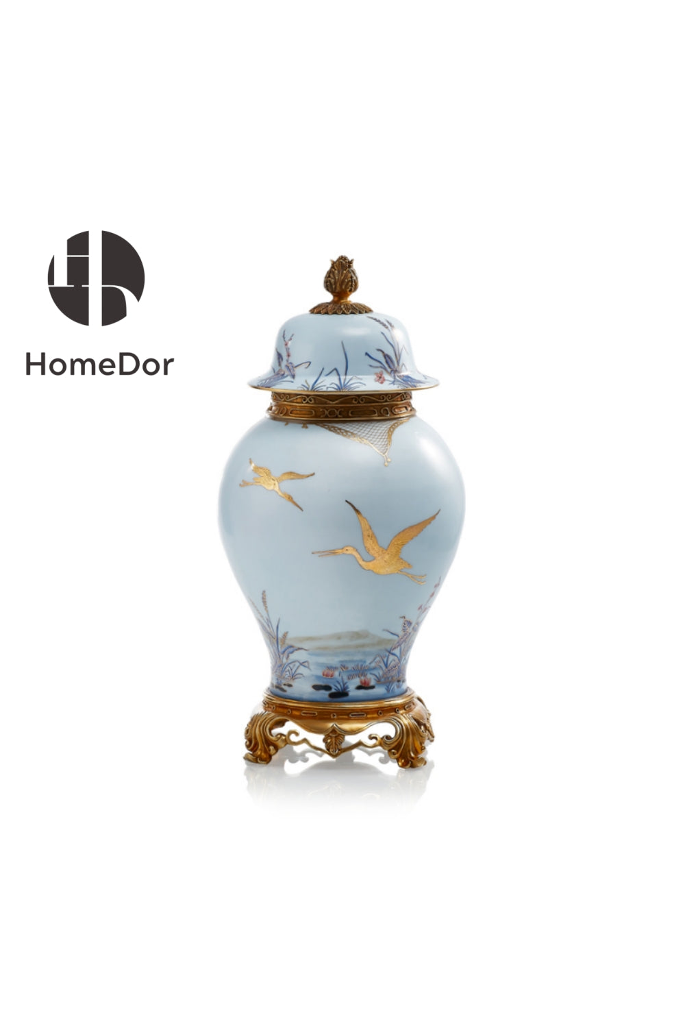 HomeDor Elegant European Porcelain Table Decor Set with Gold-painted Crane Motifs Canister 