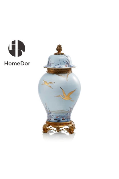 HomeDor Elegant European Porcelain Table Decor Set with Gold-painted Crane Motifs Canister 