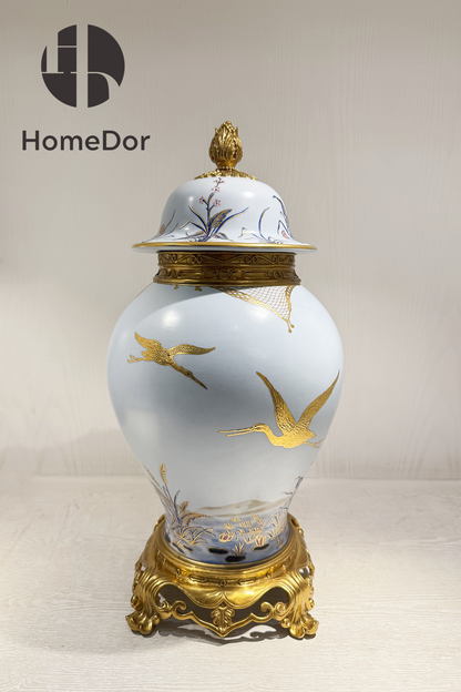 HomeDor Elegant European Porcelain Table Decor Set with Gold-painted Crane Motifs Canister 