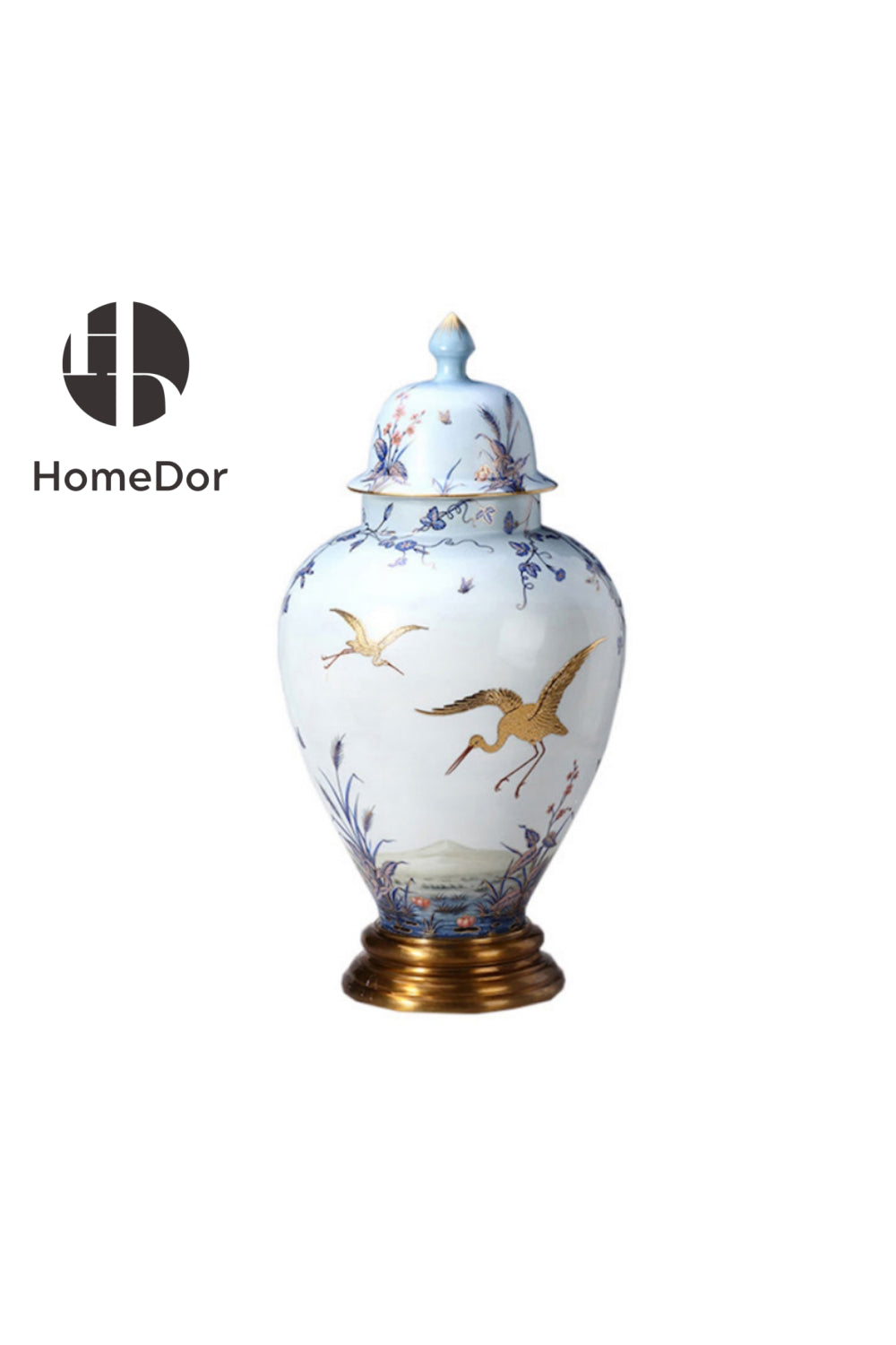 HomeDor Elegant European Porcelain Table Decor Set with Gold-painted Crane Motifs