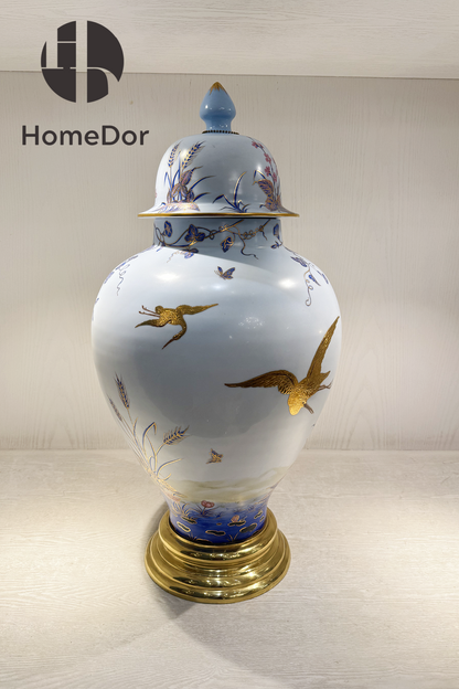 HomeDor Elegant European Porcelain Table Decor Set with Gold-painted Crane Motifs