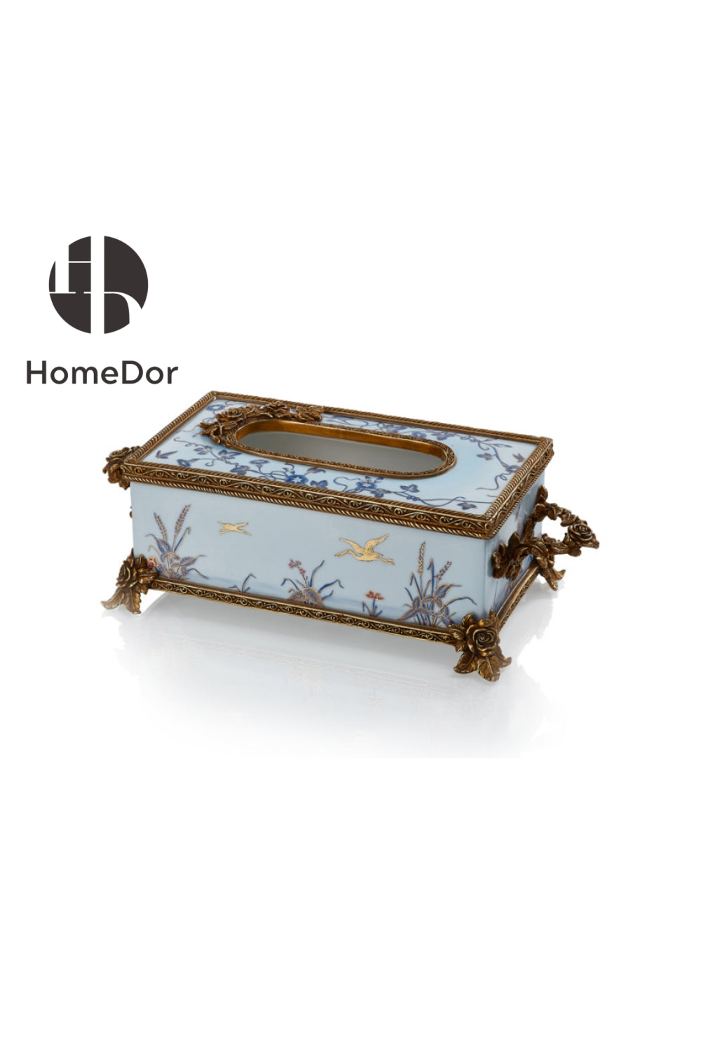 HomeDor Elegant European Porcelain Table Decor Set with Gold-painted Crane Motifs Tissuebox