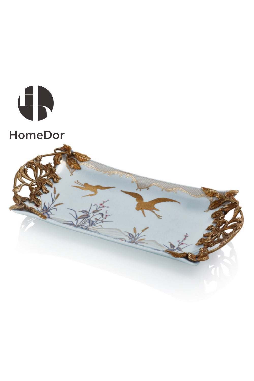 HomeDor Elegant European Porcelain Table Decor Set with Gold-painted Crane Motifs Tray 