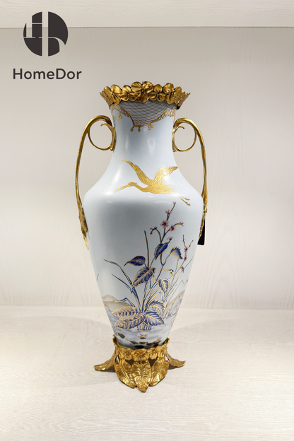 HomeDor Elegant European Porcelain Table Decor Set with Gold-painted Crane Motifs