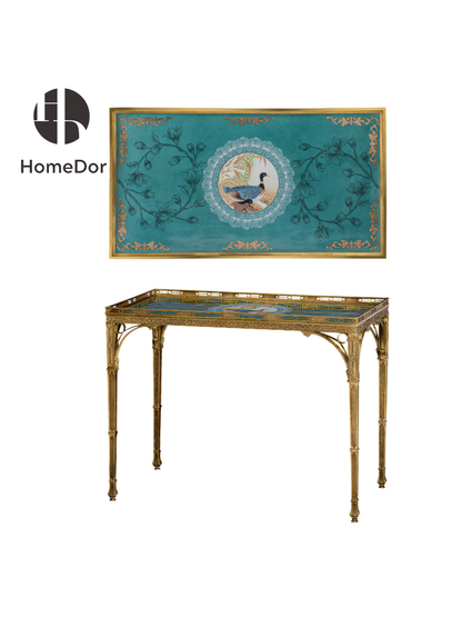 HomeDor Elegant Turquoise Porcelain Top Mandarin Duck Coffee Table