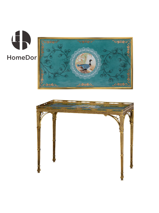 HomeDor Elegant Turquoise Porcelain Top Mandarin Duck Coffee Table