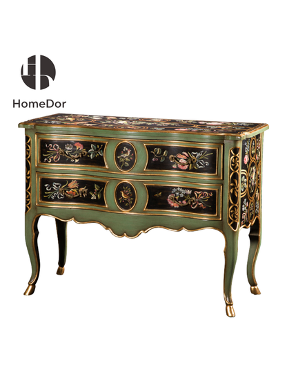 Consola Rococo Elegante consola rococó con diseño floral dorado y verde de HomeDor