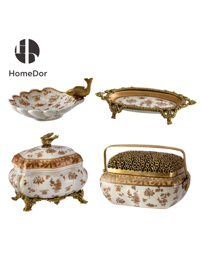 HomeDor Exquisite Golden Floral Crackle Decor Set I