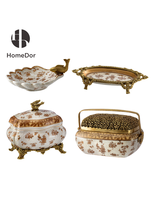 HomeDor Exquisite Golden Floral Crackle Decor Set I