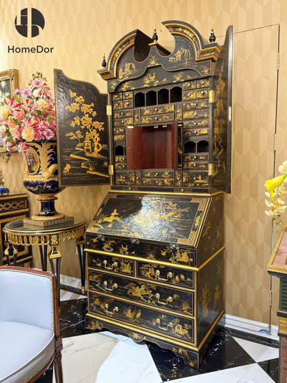 HomeDor Exquisite Oriental Scenes Black Lacquer Secretary Bookcase