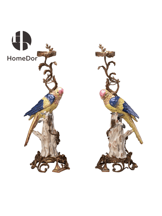 HomeDor × FH&Home | Artistic Parrot Candle Holder with Carved Tree Trunk and Vine Details
