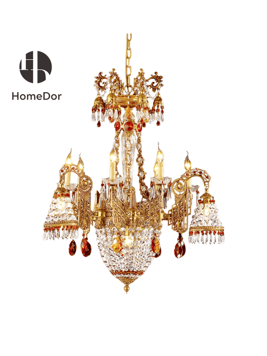 HomeDor × FH&Home | Baroque Style Luxurious Gold Crystal Chandelier with Amber Accents