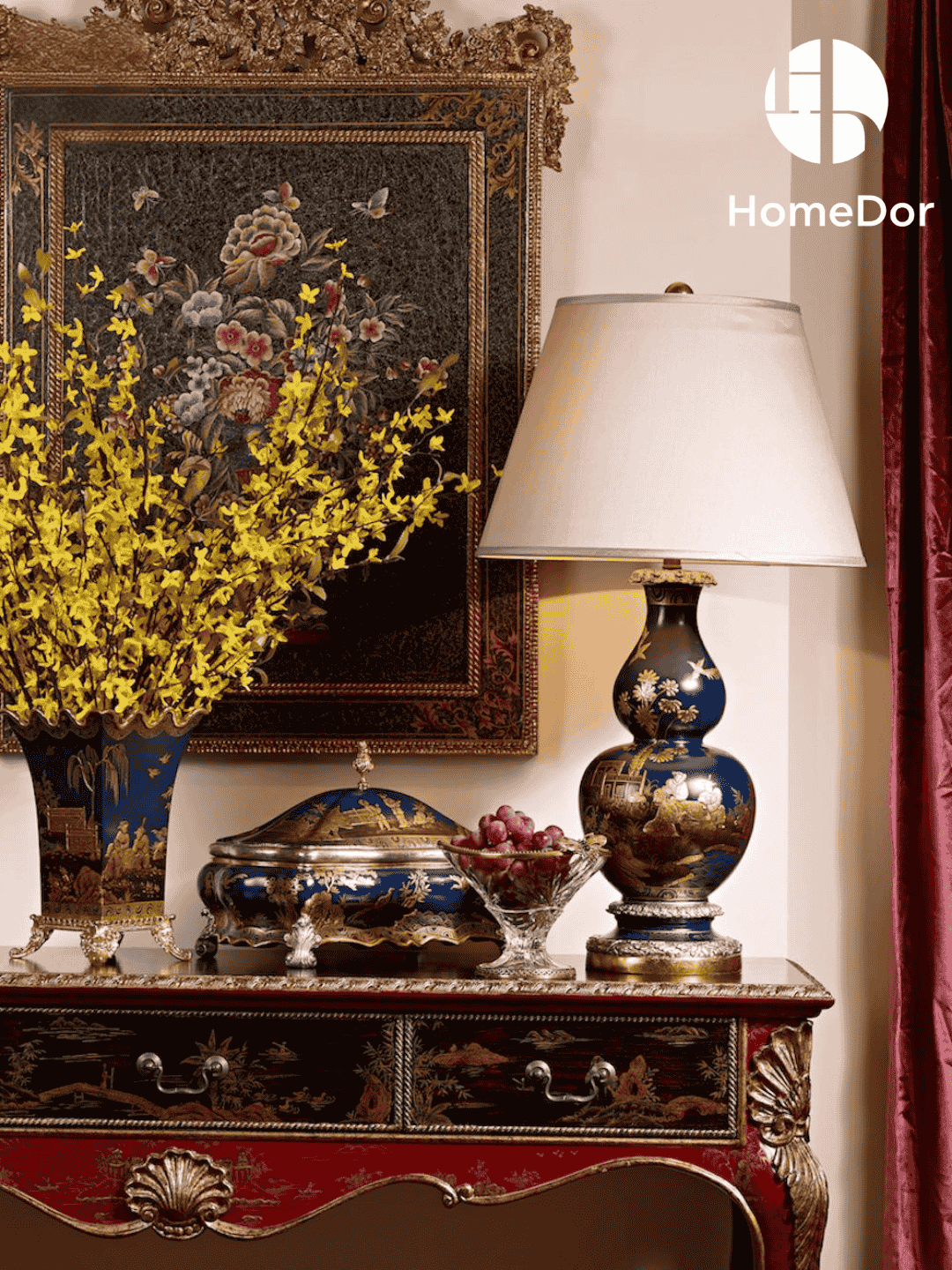 HomeDor × FH&Home | Chinoiserie Midnight Blue Gilt Story & Gourd Shape Table Lamp2