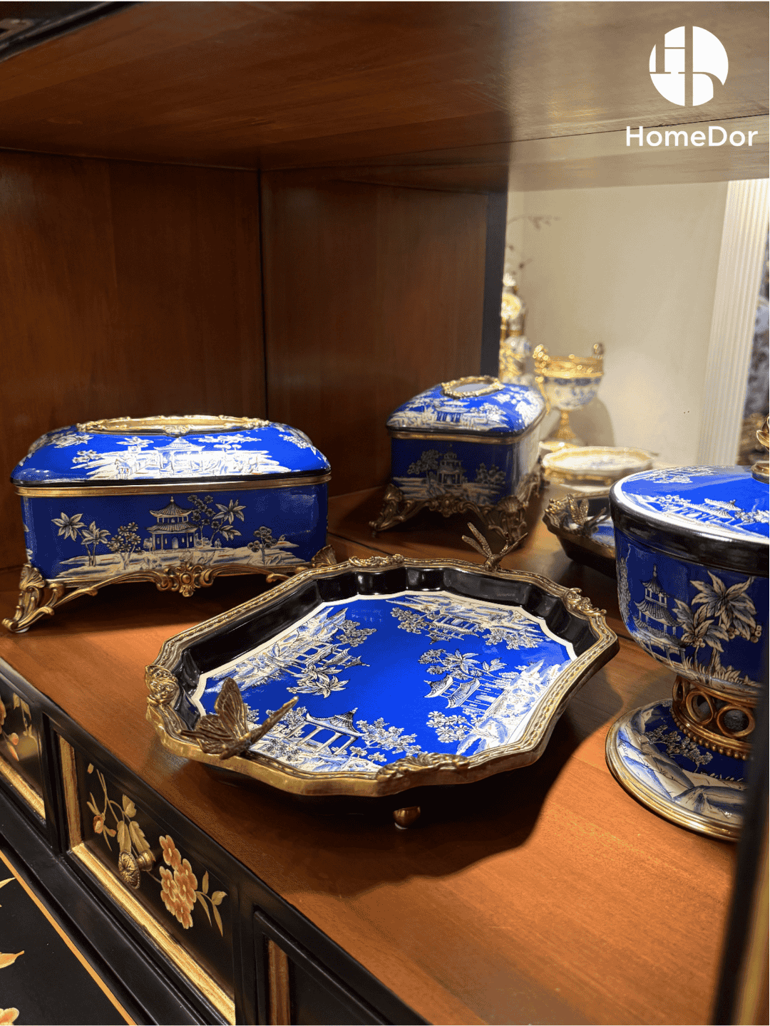 HomeDor × FH&Home | Elegant Blue Porcelain Decor Set with White Landscape Motifs
