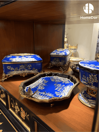 HomeDor × FH&Home | Elegant Blue Porcelain Decor Set with White Landscape Motifs