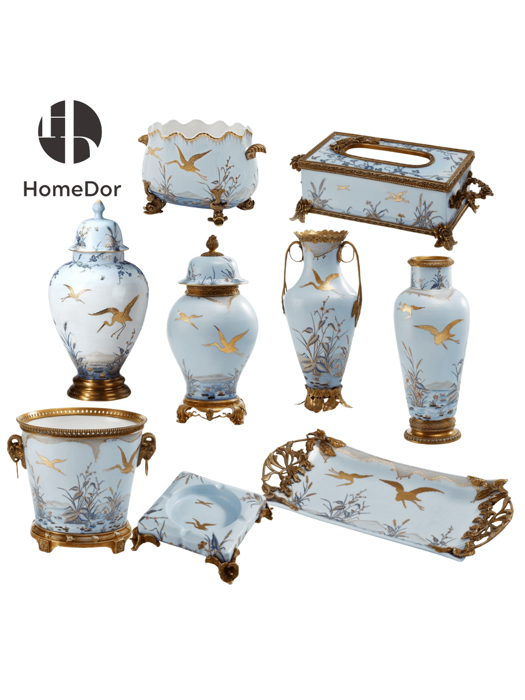 HomeDor × FH&Home | Elegant European Porcelain Table Decor Set with Gold-painted Crane Motifs