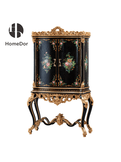 HomeDor × FH&Home | European - French Crackle Textured & Rose Painted Series Display Cabinet with Gilded Trim 