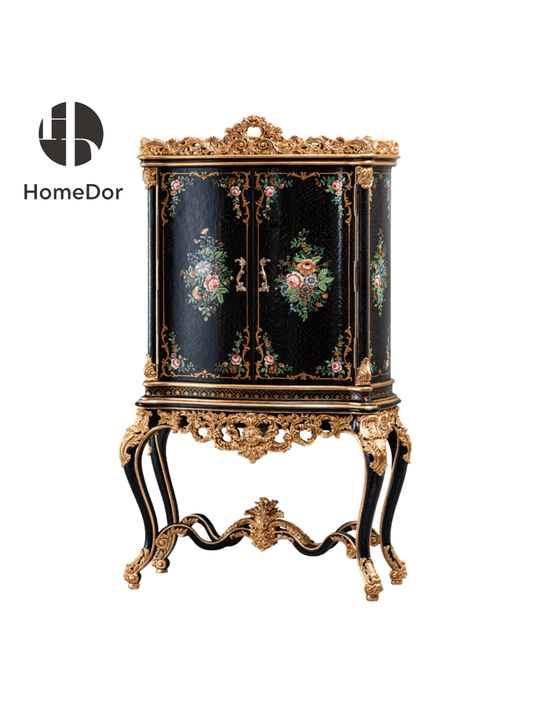 HomeDor × FH&Home | European - French Crackle Textured & Rose Painted Series Display Cabinet with Gilded Trim 