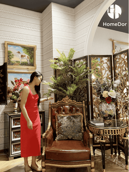 HomeDor × FH&Home | European Baroque Red Leather Carved Mahogany Lounge Chair
1