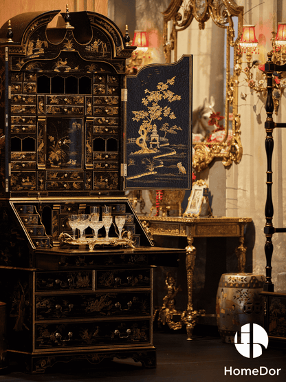HomeDor × FH&Home | Exquisite Black Lacquer Secretary Bookcase with Gold Oriental Scenes1